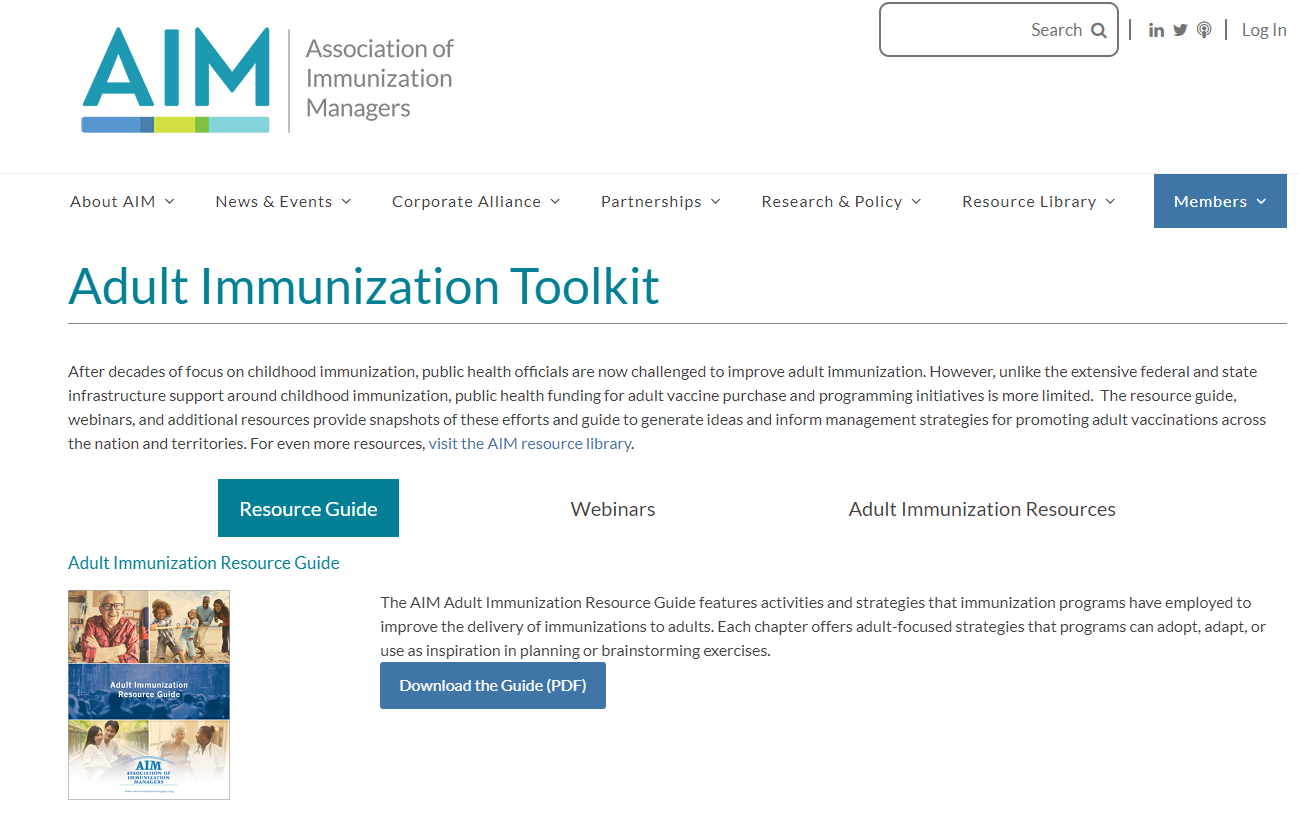 AIM adult immunization toolkit webpage