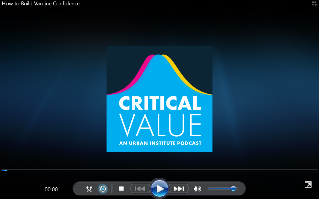 MP3 player shows options play, fast forward, and rewind options for recording. Above the control bar is an image of a blue wave with the words "critical value: an urban institute podcast" within the image