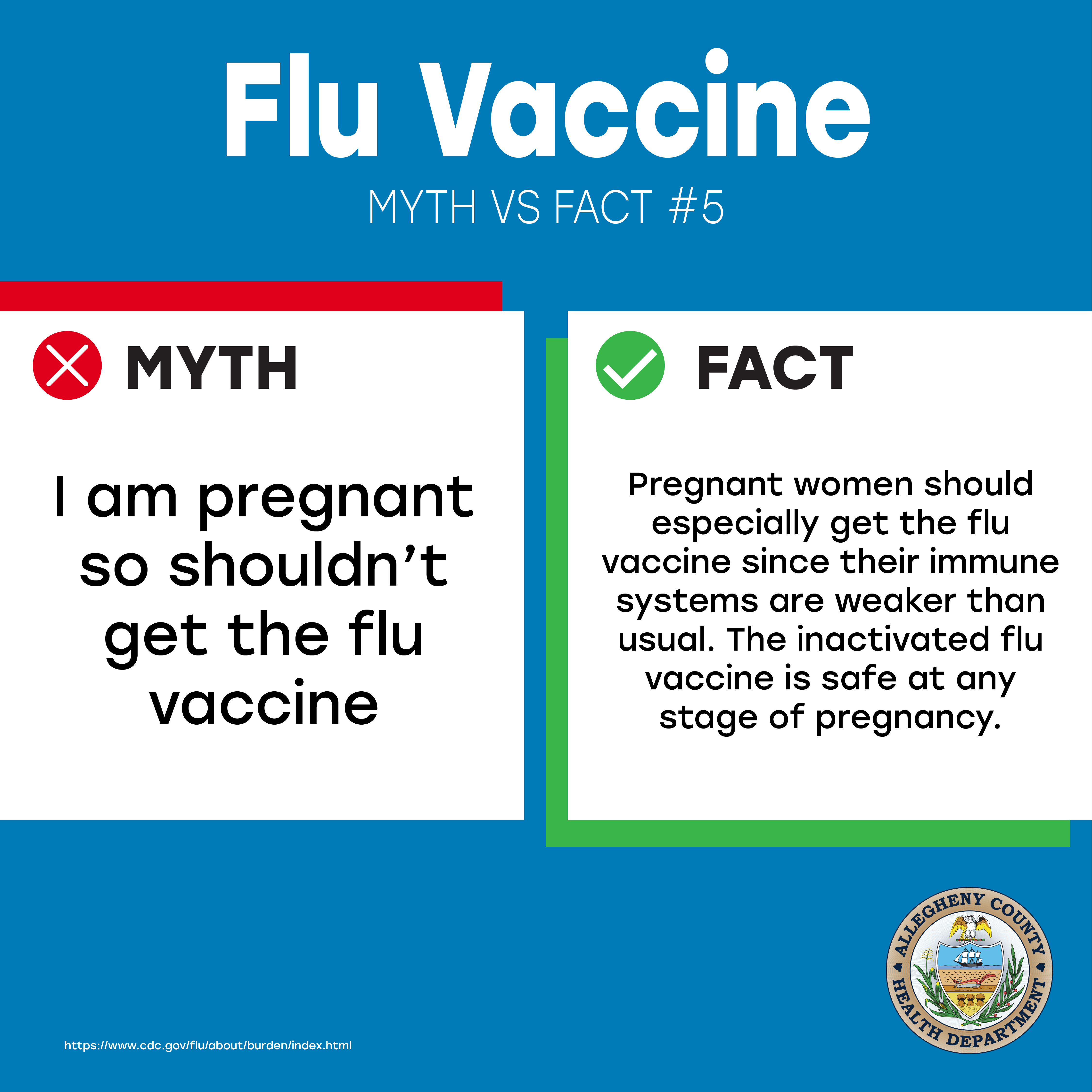 Thumbnail image encouraging pregnant women to get vaccinated against the flu due to their weakened immune systems. The graphic also explains that the inactivated flu vaccine is safe during pregnancy. The Allegheny County Health Department logo is on the bottom right and the link to the CDC flu information is on the bottom left.  