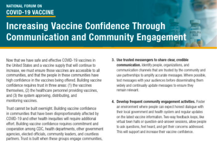 Image of a document with a header that includes a picture of a person in lab gear holding a vial of a COVID-19 vaccine. To the left of the picture is the title "National Forum on COVID-19 Vaccine: Increasing Vaccine Confidence Through Communication and Community Engagement."