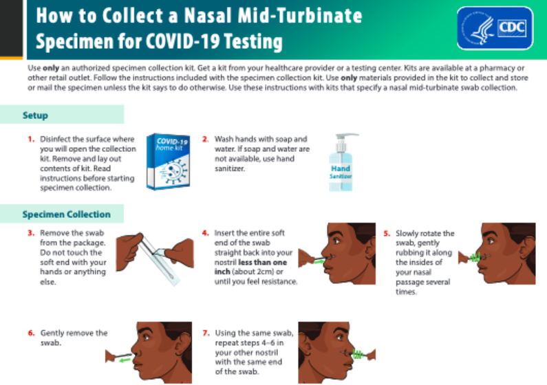 Simple illustrations showing the steps of collecting a nasal mid-turbinate specimen
