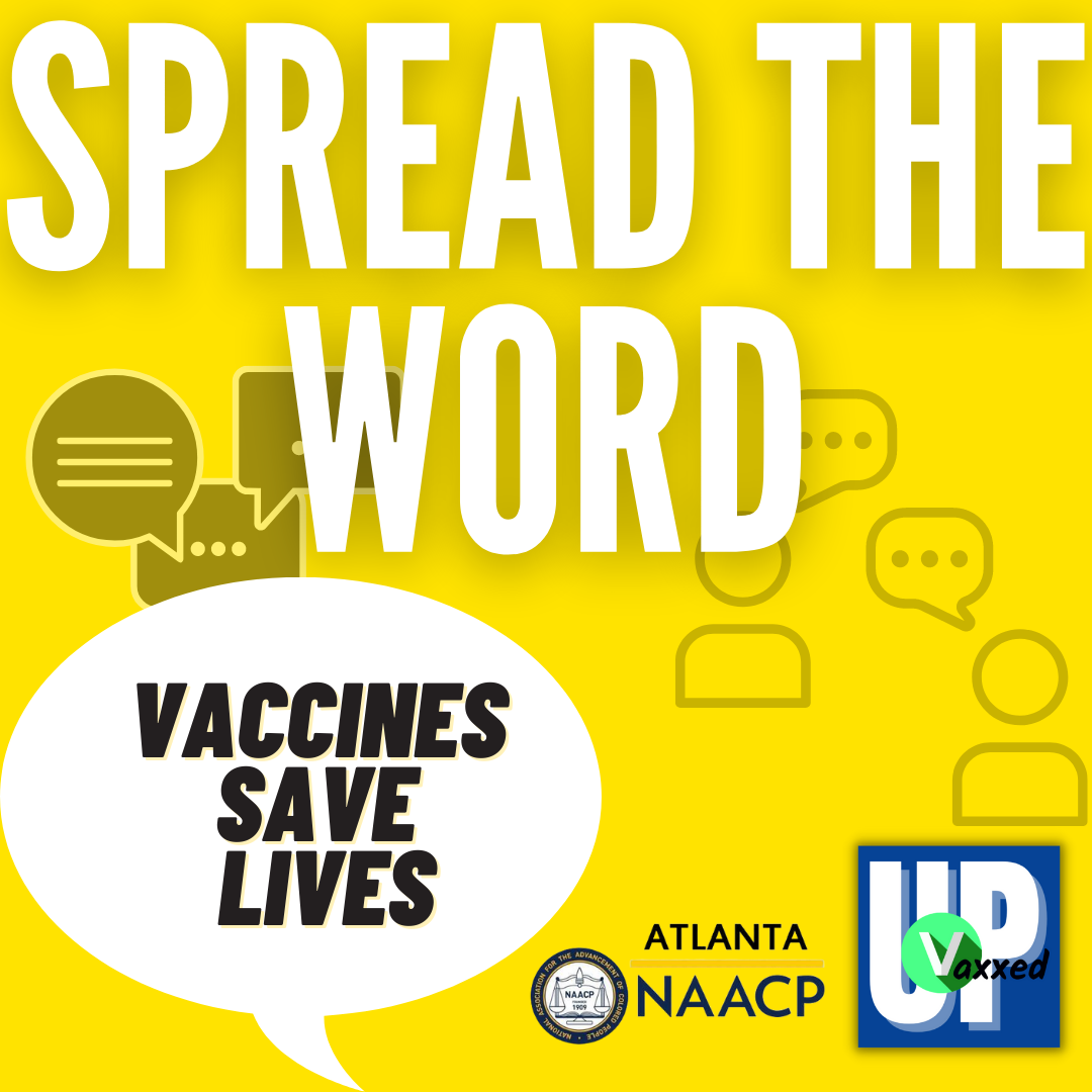 Image stating "Spread the Word", "Vaccines Saves Lives". People are sketched over yellow background with little comment bubbles overhead.