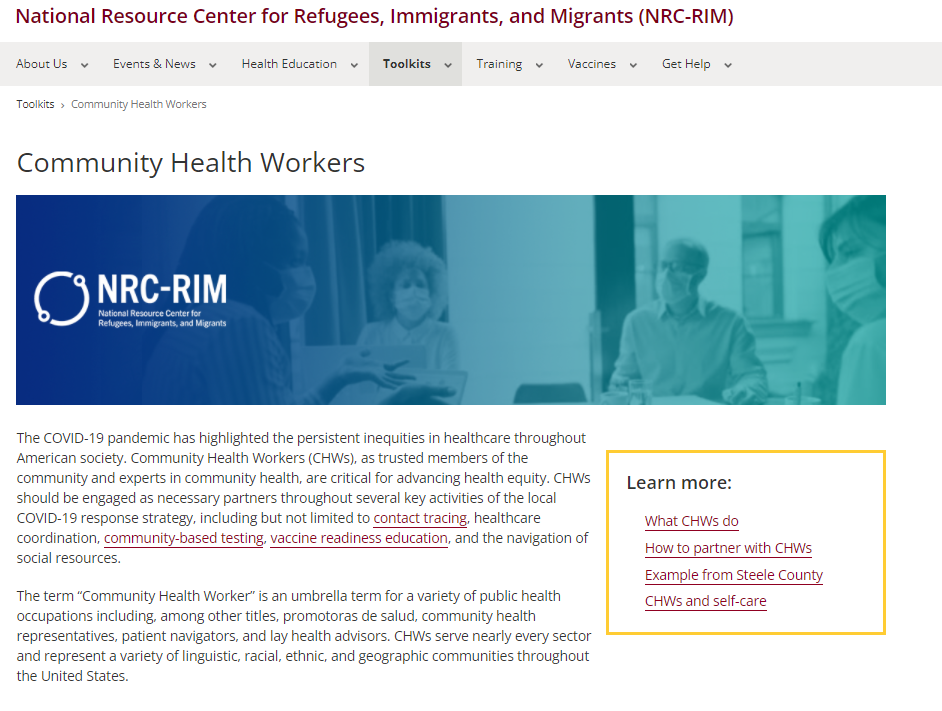 Image of the Community Health Worker website.  The organization logo is on the top left corner.