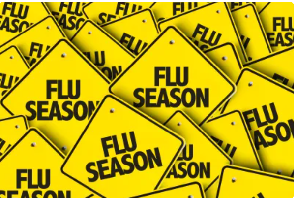 The image shows multiple and overlapping yellow boxes with the words "flu season" written on each box