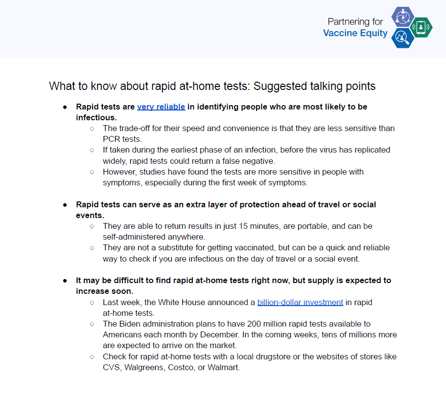 Set of bullet points for a fact sheet on white piece of paper. Title reads, "What to know about rapid at-home tests: Suggested talking points" with Partnering for Vaccine Equity logo in upper right