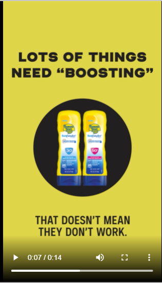 This is an image from the video that says "Lots of things need "Boosting". That doesn't mean they don't work." Two sunscreen bottles are featured in the center of the image.