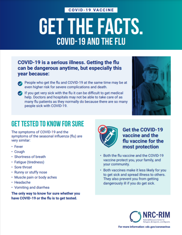 Thumbnail image of the first page of the two-page factsheet. The header reads: "Get the Facts. COVID-19 and the Flu." There is an image of a masked health care worker.