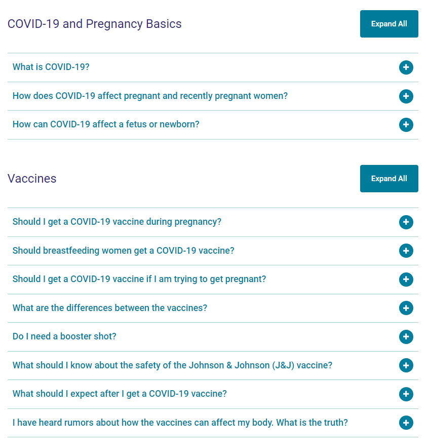 Screenshot of webpage with text about COVID-19, Pregnancy, and Breastfeeding