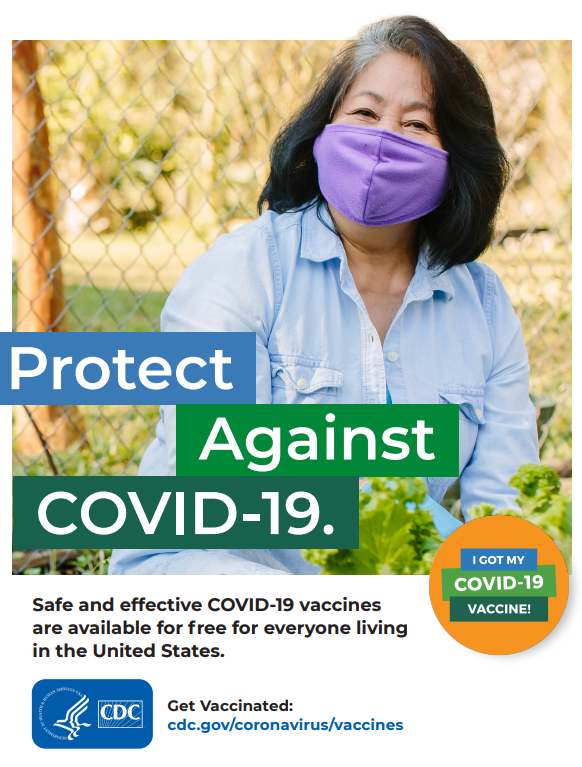 Image of an older Asian woman wearing a mask behind a phrase that says "Protect from COVID-19."