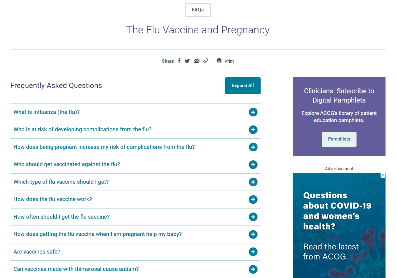 Screenshot of a website with information about flu vaccines and pregnancy. 