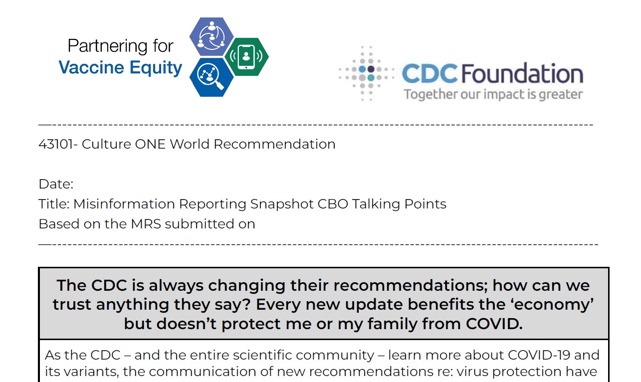 Document titled: "Misinformation Reporting Snapshot CBO Talking Points". Partnering for Vaccine Equity logo is top left. CDC Foundation logo is top right. 