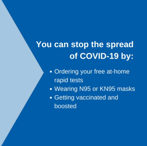 Blue graphic that says "You can stop the spread of COVID-19 by: ordering your free at-home rapid tests, wearing N95 or KN95 masks, and getting vaccinated and boosted."