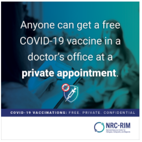 Thumbnail image of a woman sitting in a medial office with the text, "Anyone can get a free COVID-19 vaccine in a doctor's office at a private appointment."