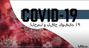 Red viruses on left with COVID-19 written on right. 