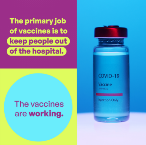 Graphic is divided into three sections. Top upper left-hand box says "The primary job of vaccines is to keep people out of the hospital" in yellow text on purple background. Bottom lower right box says "The vaccines are working" in a circle. Right rectangular section shows an image of a COVID-19 vial.