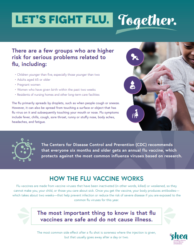green banner across the top of the page. There is a photo of a young Black girl receiving a vaccination in her arm and small round graphics of a baby, a woman holding an infant, and an elderly person with a walker next to purple text against a white background. A gray banner containing text and a graphic image of the influenza virus is in the center of the page. The bottom of the page has green text against a white background.