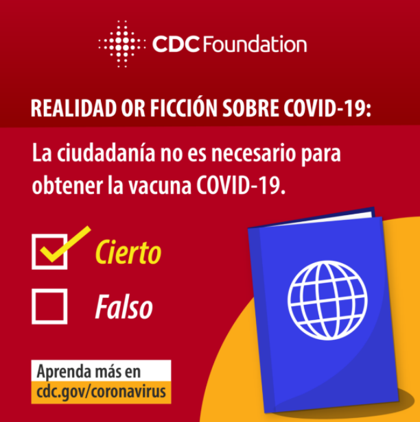 Image of a blue cartoon passport, a red background, and a title that reads "COVID-19 Factor or Fiction: citizenship is not necessary in order to obtain the COVID-19 vaccine." 