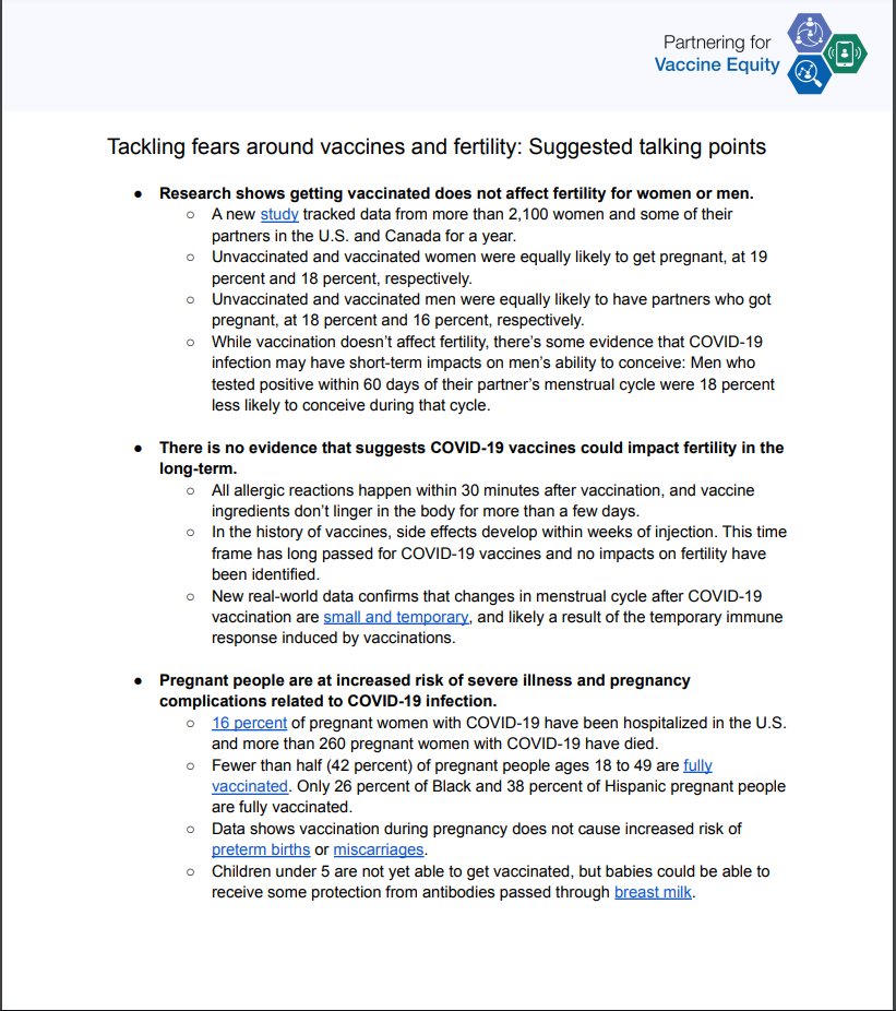 English talking points with title "Tackling fears around vaccine and fertility: Suggested Talking Points"