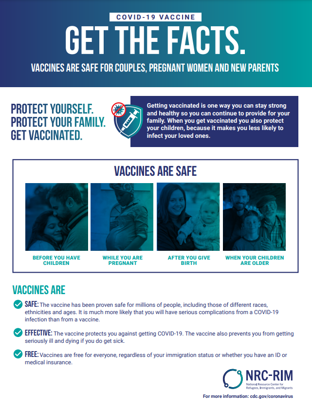 Image of the first page of the factsheet. The header states: "Get the facts. Vaccines are safe for couples, pregnant women and new parents." The factsheet includes images of families of various races and ethnicities.