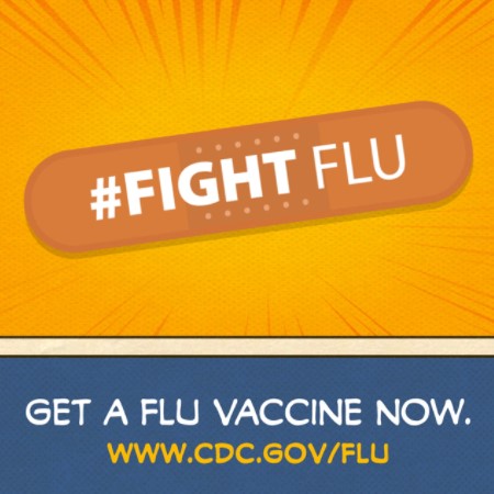 Cartoon of an adhesive bandage over a vibrant orange background. The bandage has "#Fight Flu" in white text. On the bottom is text stating, "Get a flu vaccine now." On the bottom is a URL to the CDC website: www.cdc.gov/flu