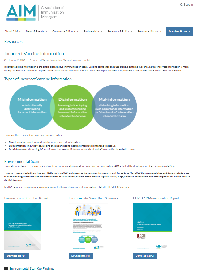 Image of the main page of the Association of Immunization Managers website. It includes a high-level description of the types of incorrect vaccine information. Three multi-colored circles are in the center with the types of misinformation each appearing in one circle and a the definitions of each listed below. Images of the three reports are presented next to each other for download on the bottom.