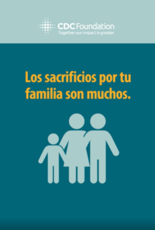 Image from the video with a cartoon family standing together and a title says the Spanish equivalent of "the sacrifices for your family are a lot."