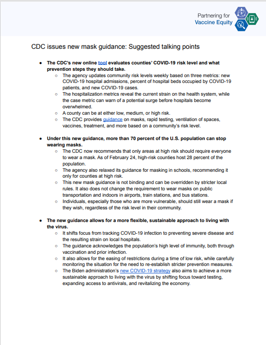 Screenshot of an English document titled: CDC issues new mask guidance: Suggested talking points. It includes a Partnering for Vaccine Equity logo in the top right corner.