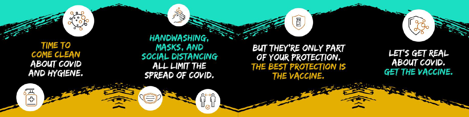 Icons of germs handwashing, social distancing, masks, vaccines, and immunity.