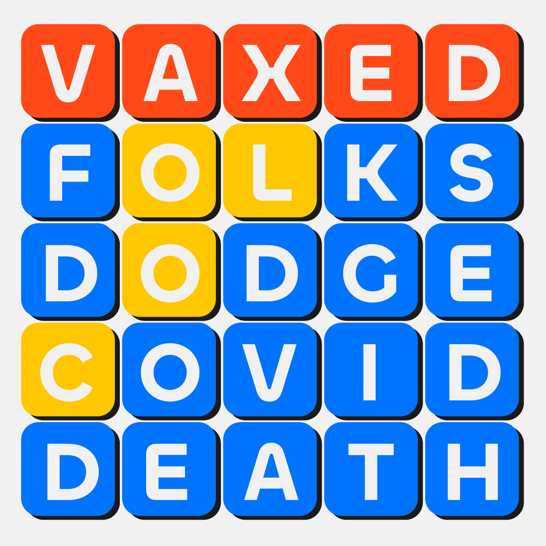 Image shows text within a multi-color word game. The word game spells out "Vaxed Folks Dodge COVID Death". 