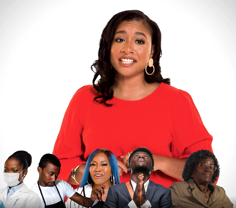 An African American woman speaks against a white background with smaller images of African American people below here. There is a medical professional, chef, celebrity, religious observer, and older adult below where she is speaking.