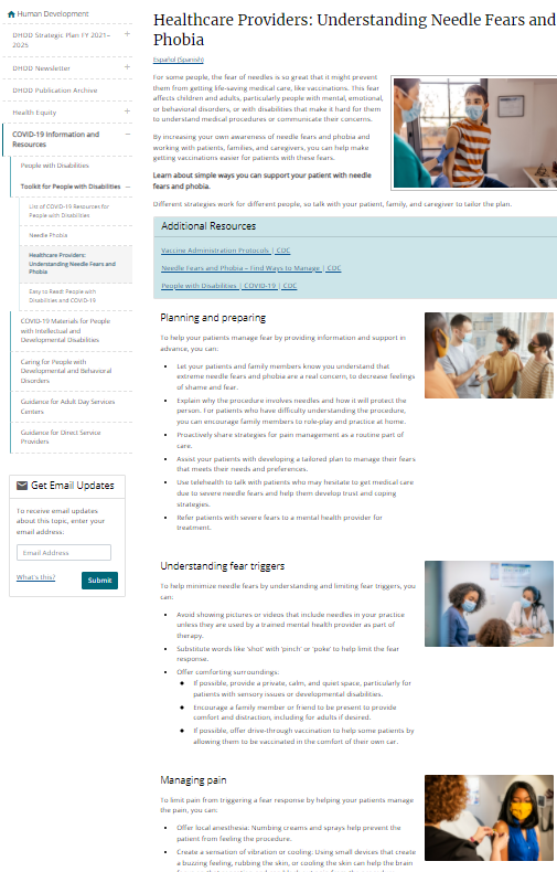 Screenshot of resource webpage titled "Healthcare Providers: Understanding Needle Fears and Phobia"