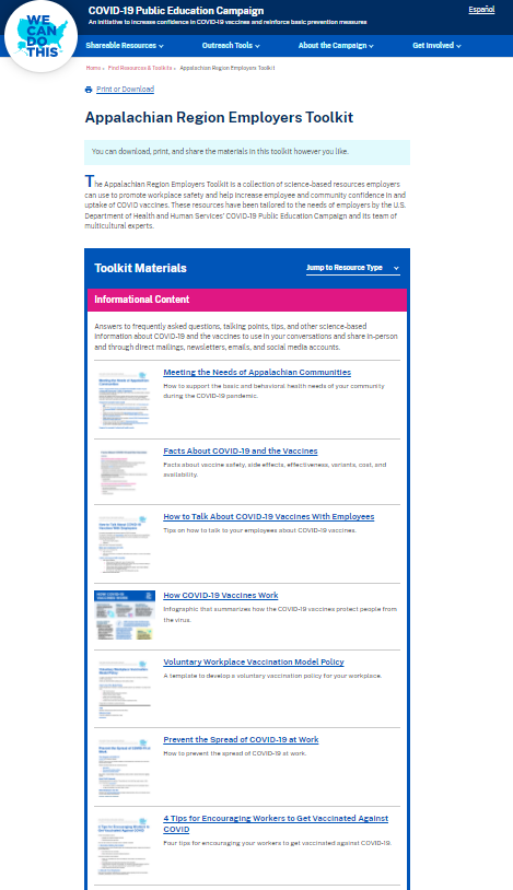 Image of toolkit webpage with blue and pink text. There is a brief description at the top followed by multiple downloadable resources.