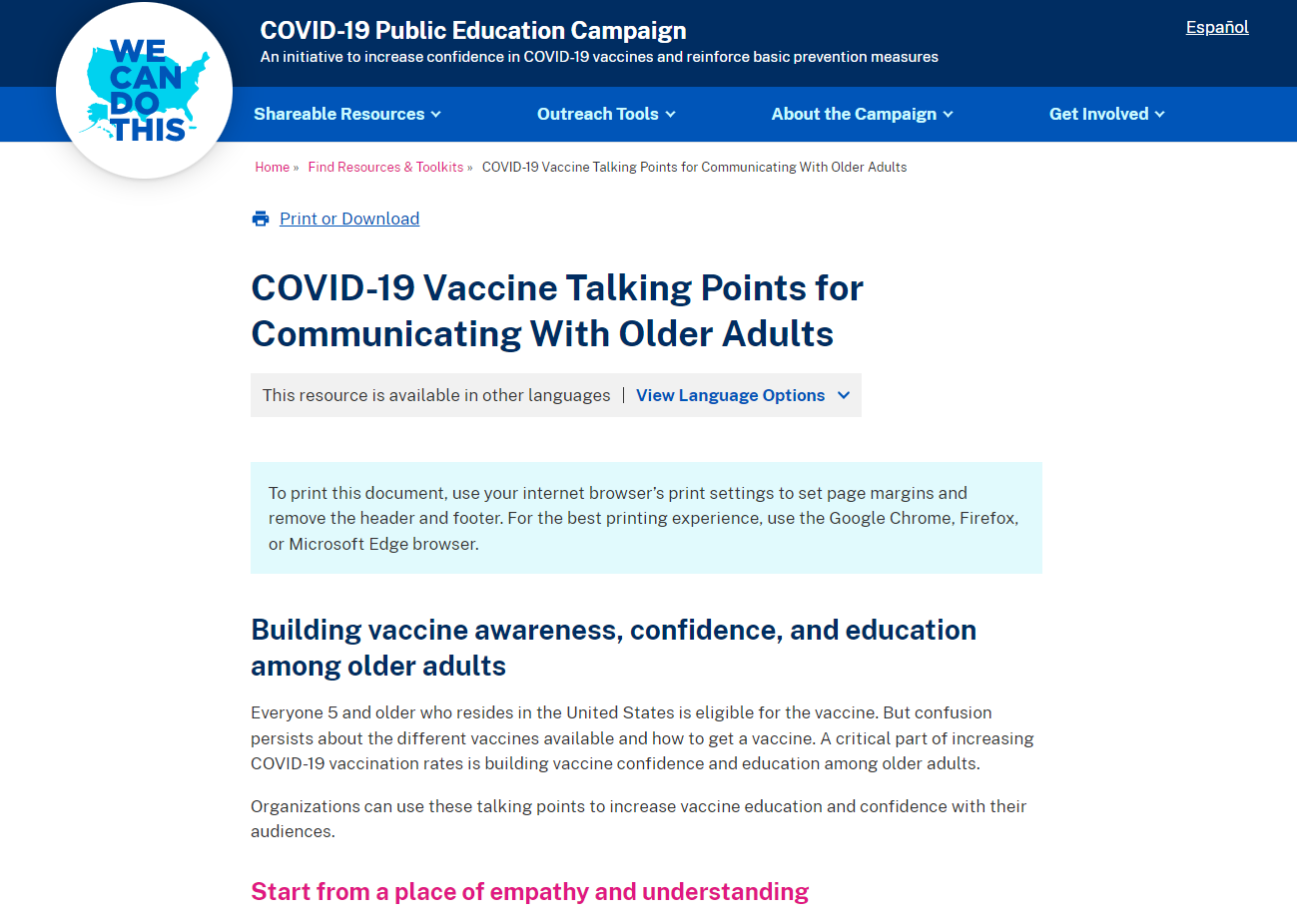 website with the title "COVID-19 Vaccine Talking Points for Communicating With Older Adults."