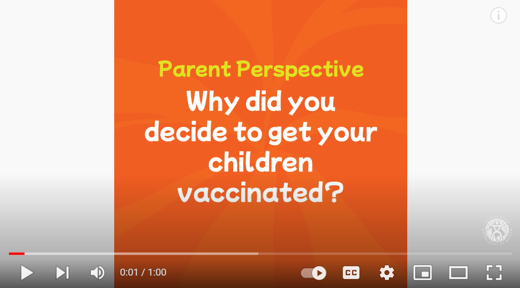 Orange box with white text reads, "Parent perspective why did you decided to get your children vaccinated?"
