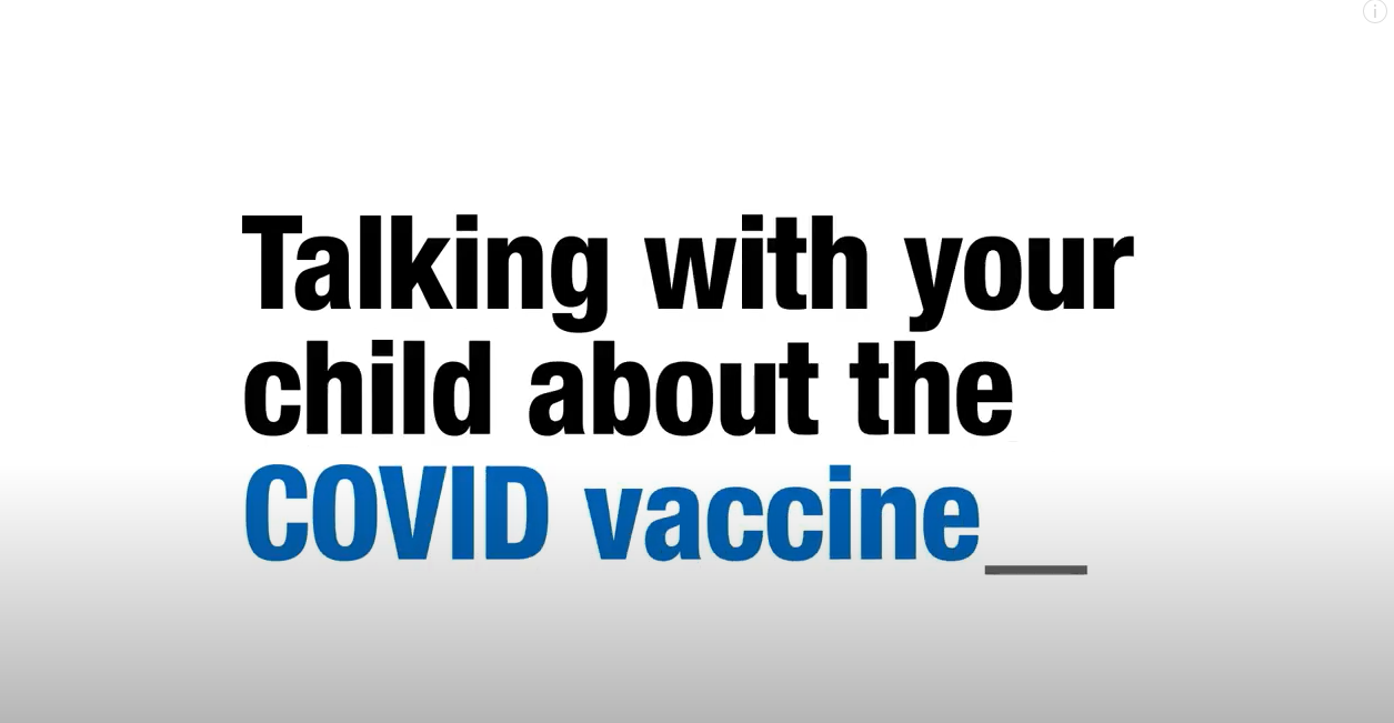 Black and blue texts says "Talking with your child about the COVID vaccine" against a white background