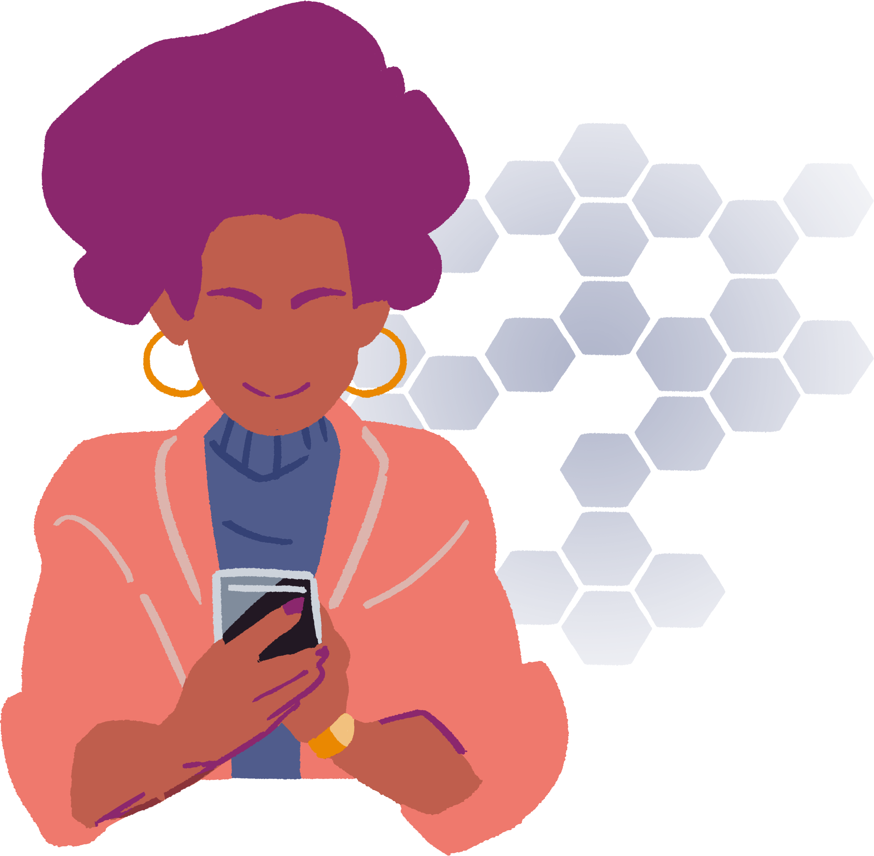 An illustration of a woman looking at the screen of her mobile phone