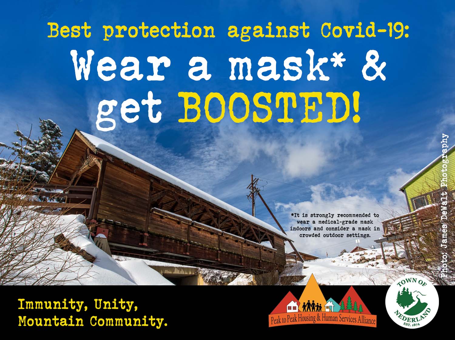 Flyer shows a snow covered mountain with a cabin with the words "Best protection against COVID-19: Wear a mask and get BOOSTED!"