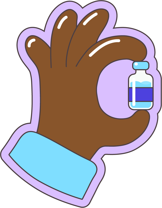 Stylized illustration of a person's hand holding a vaccination vial