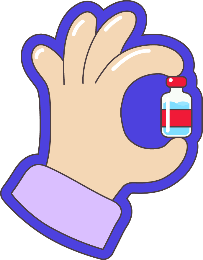 Stylized illustration of a hand holding a vaccination vial