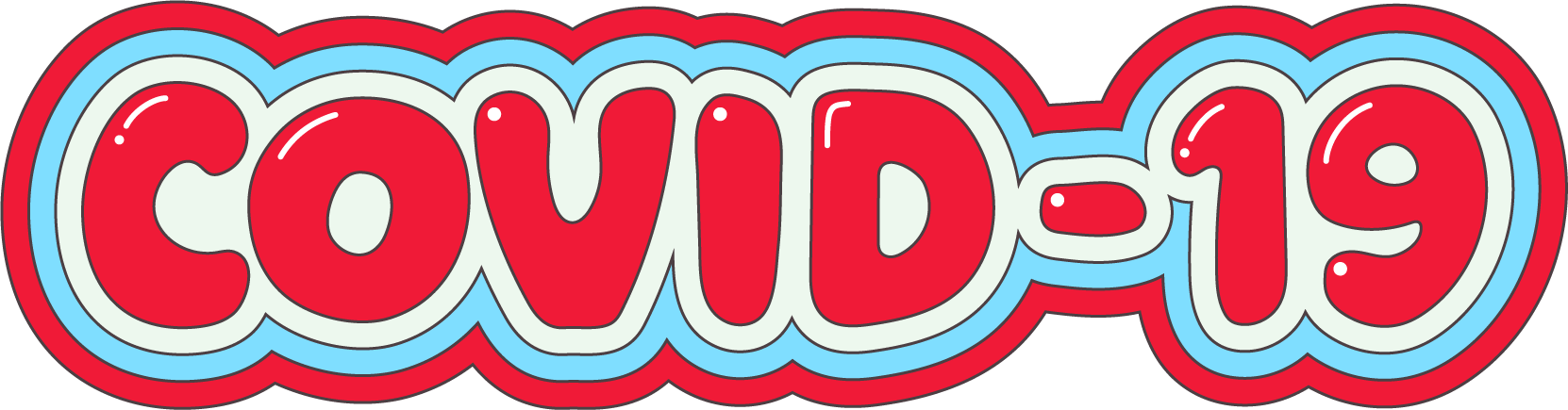 Stylized lettered "COVID-19" with multi-colored outline