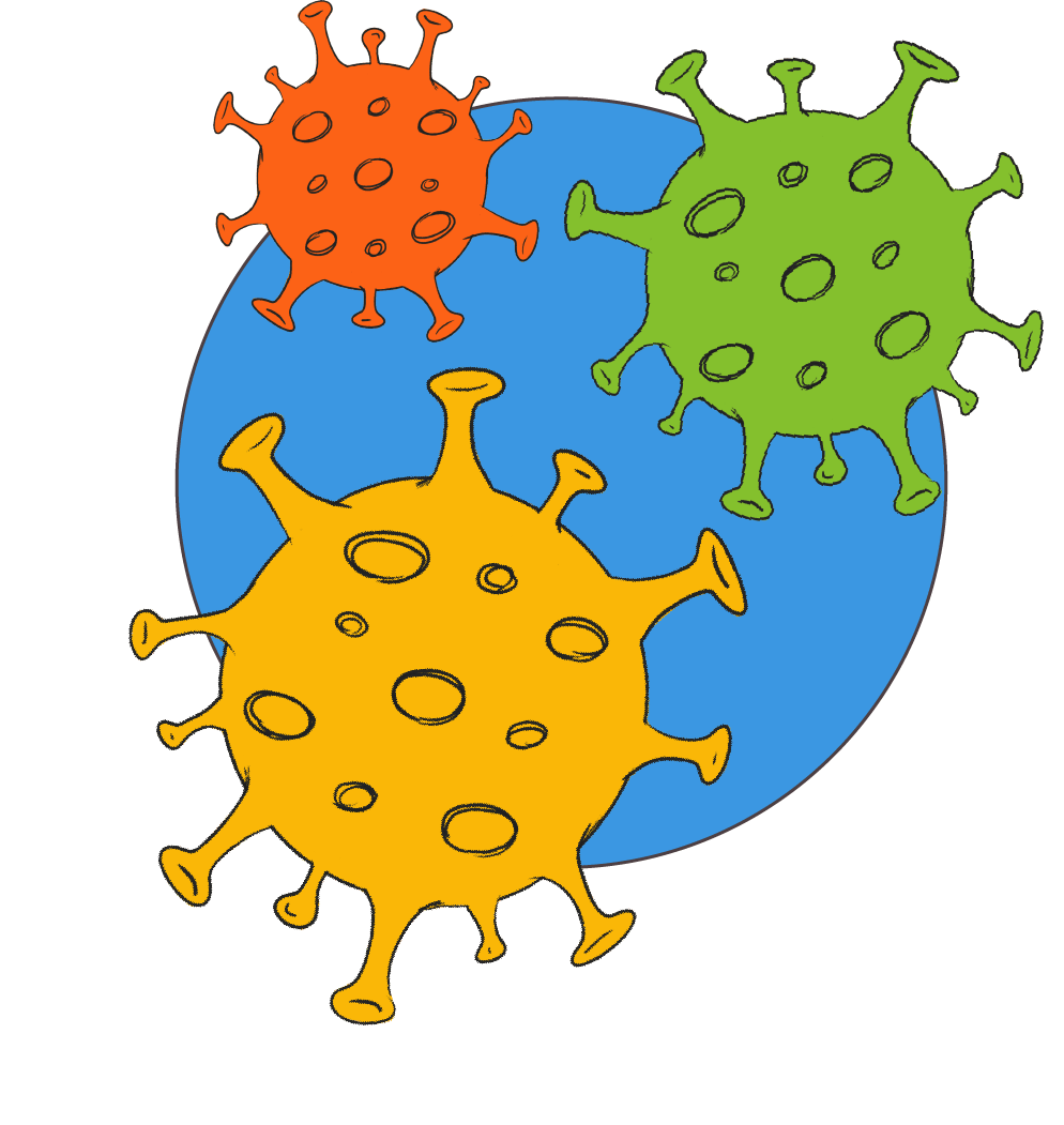 Stylized illustration of three COVID-19 virus drawings
