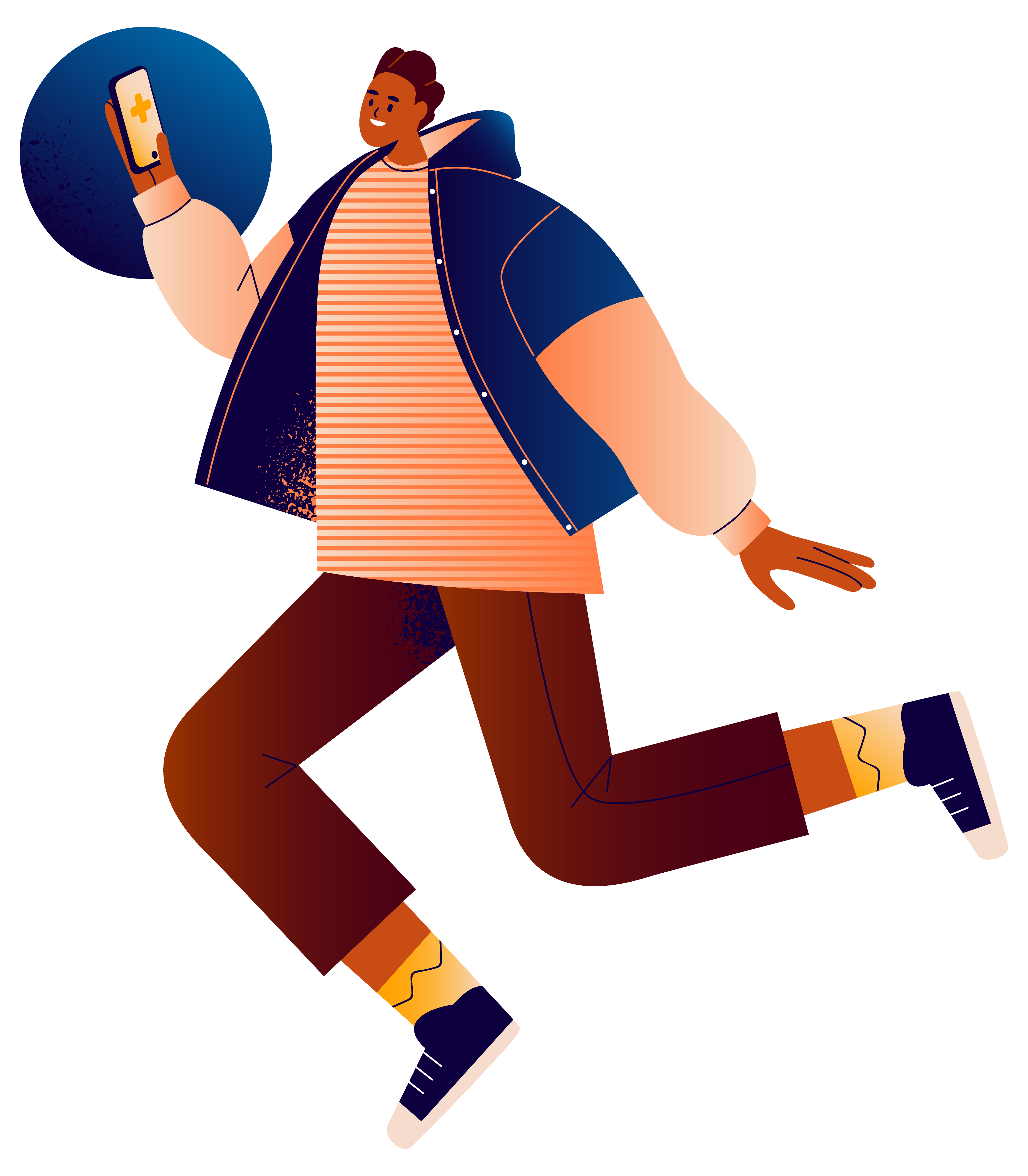 Stylized illustration of a person walking and looking at their mobile device