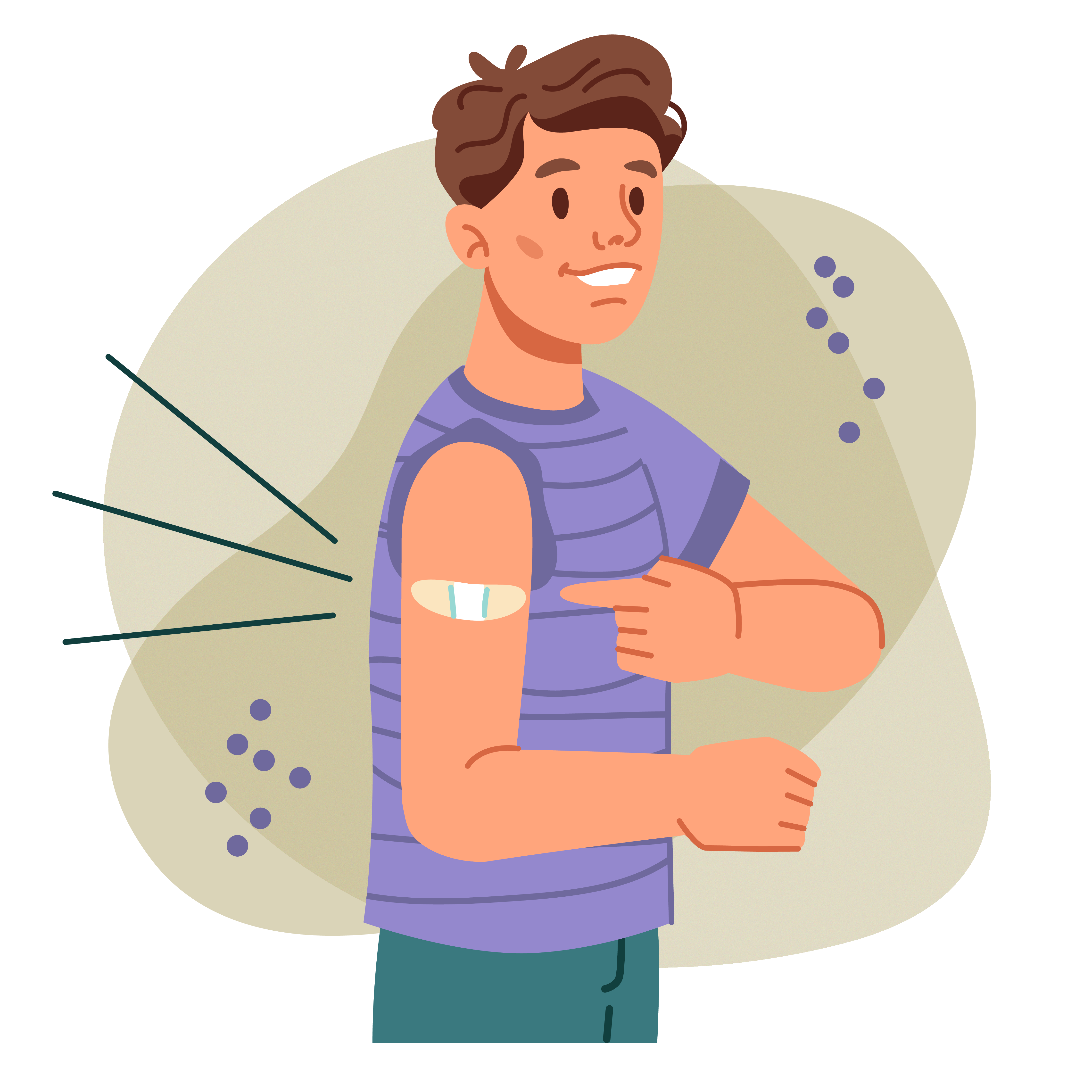 Stylized illustration of a person showing their arm with a bandage and pointing to it with their finger