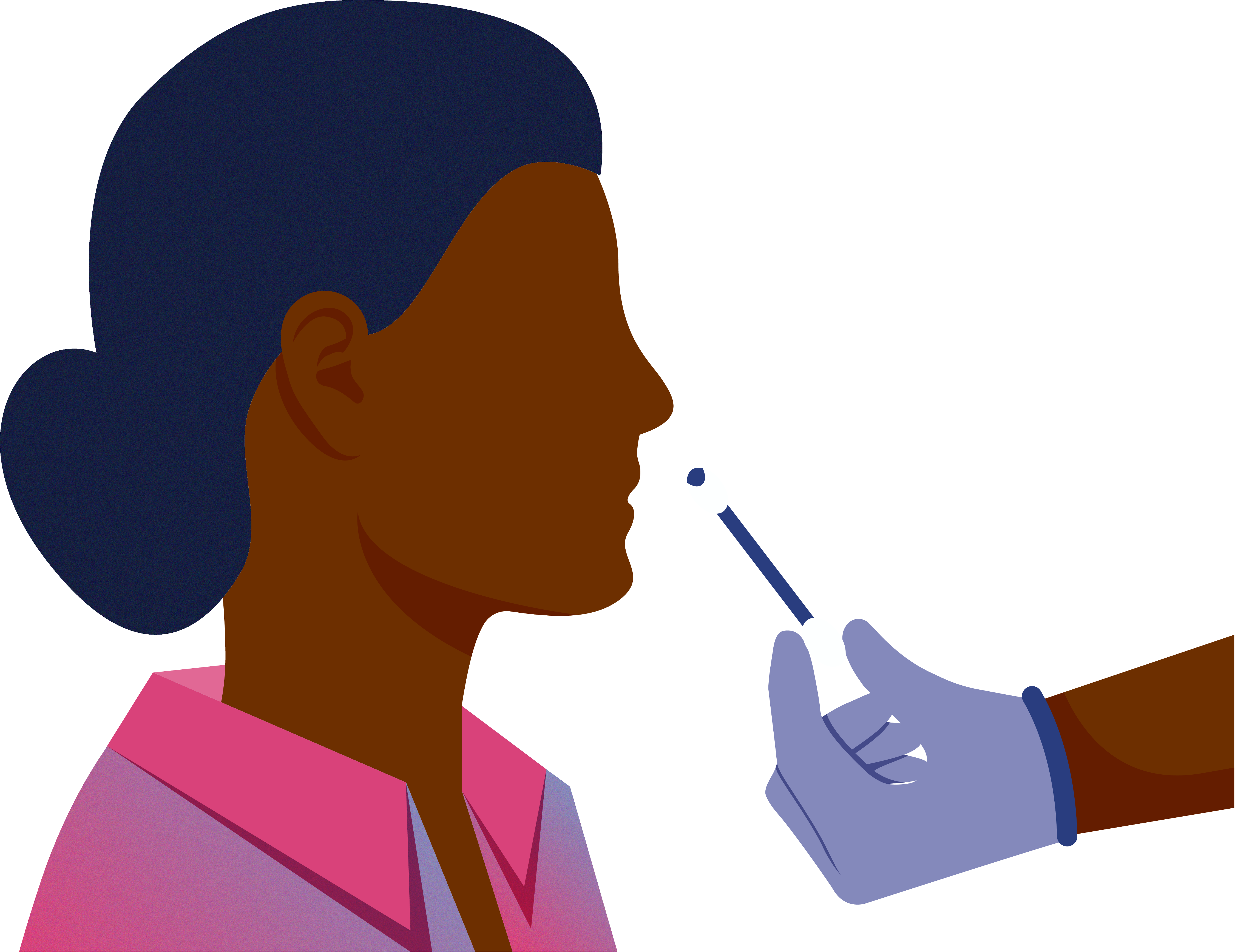 Illustration of a person receiving a COVID-19 nasal swab test from a gloved hand
