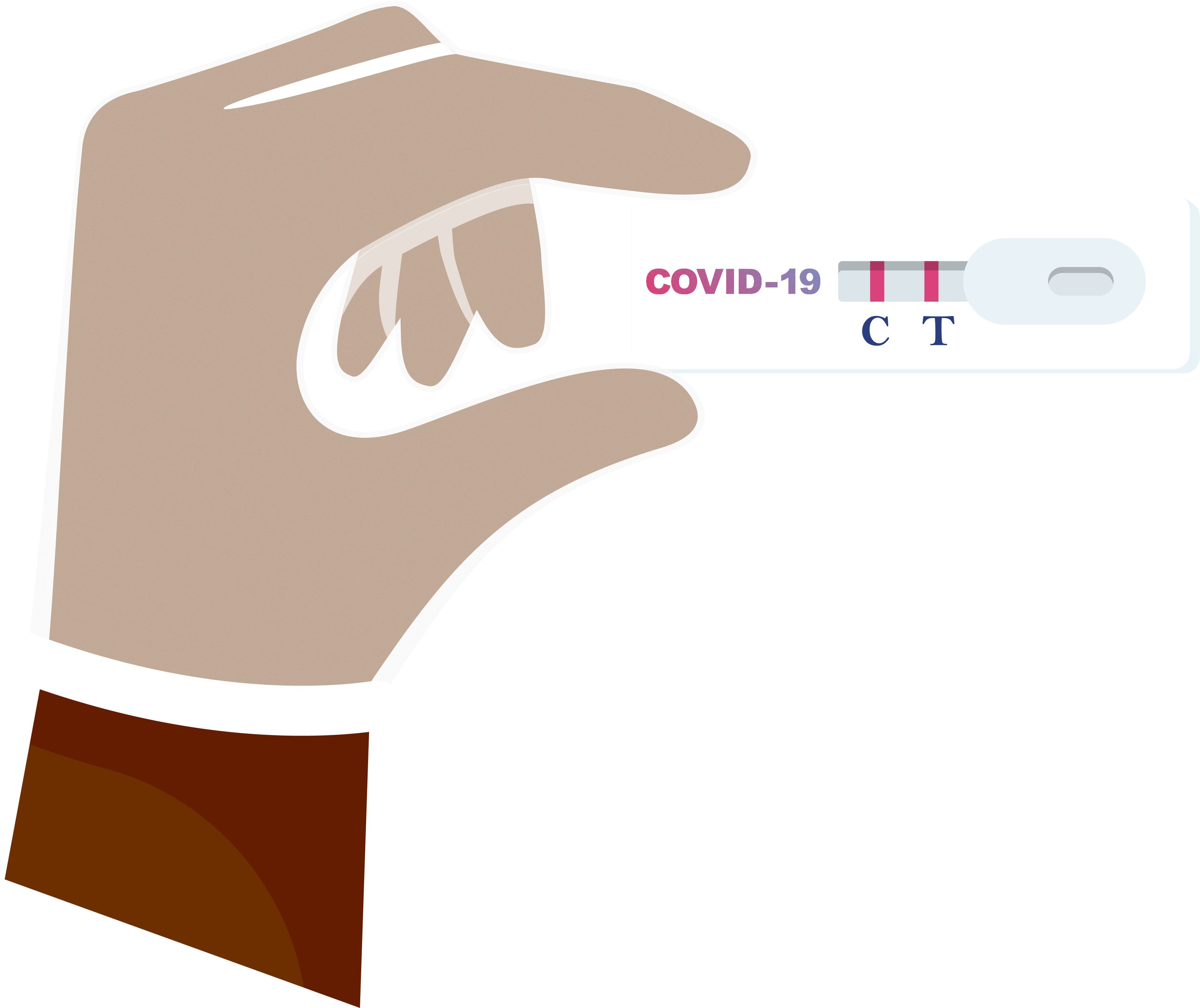 Illustration of a hand holding up a positive COVID-19 test