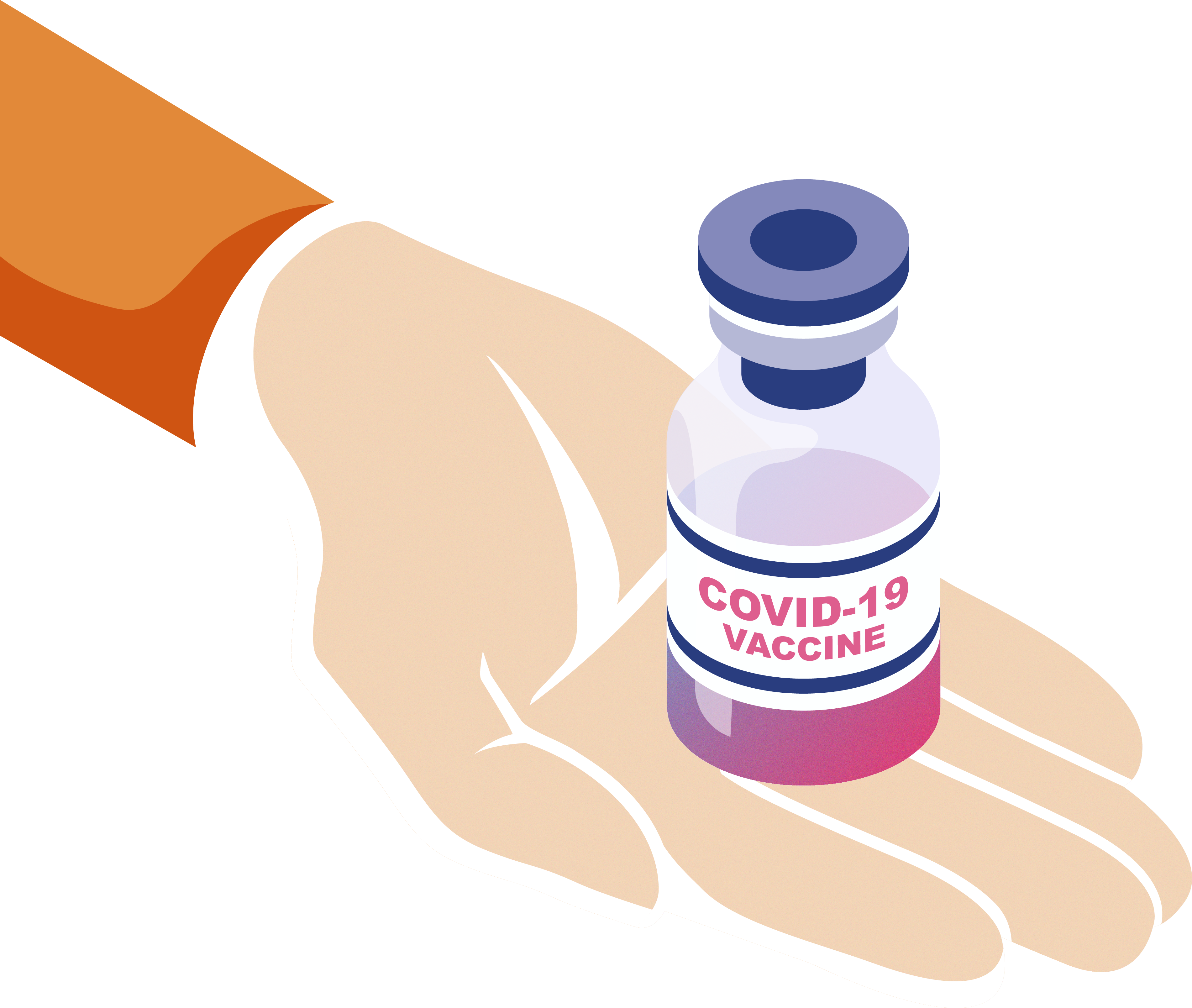 Illustration of a hand holding a COVID-19 vaccination vial