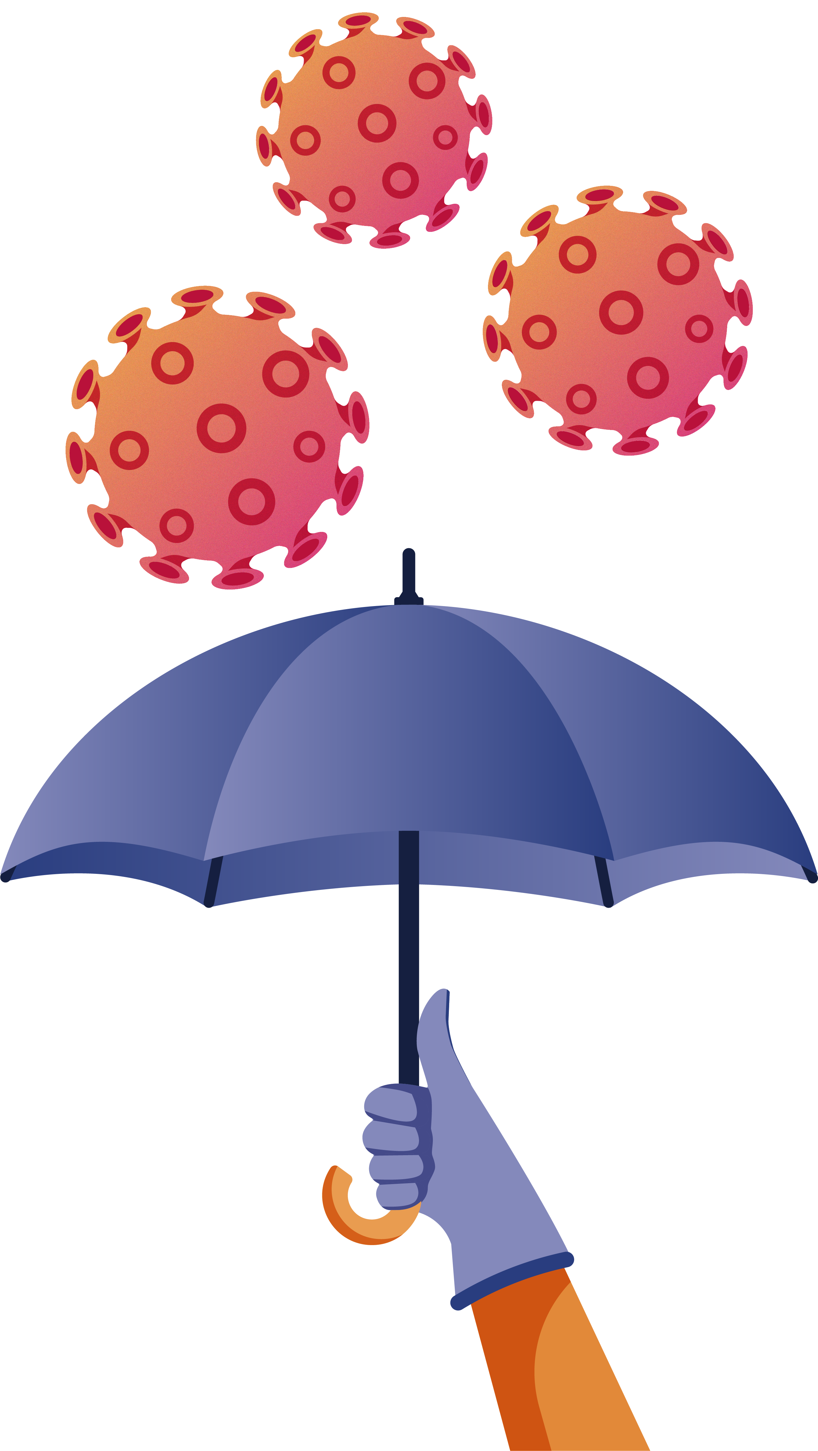 Illustration of three COVID-19 viruses hovering over a hand holding an umbrella