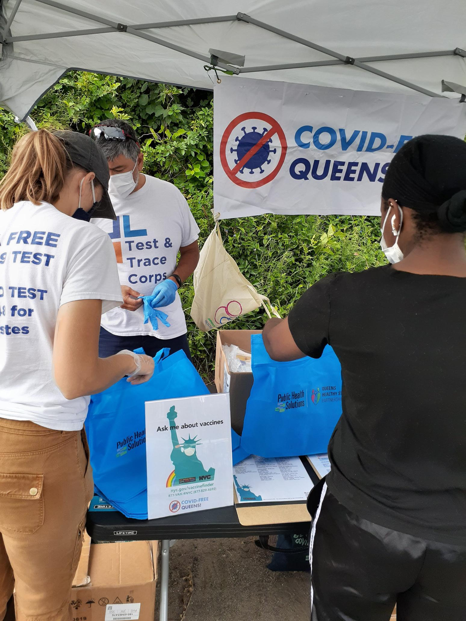 Photo taken during our CDCF work with COVID-Free Queens. Lejon Brown is shown here prepping PPEs for distribution. This pantry is now a partner of QHS.