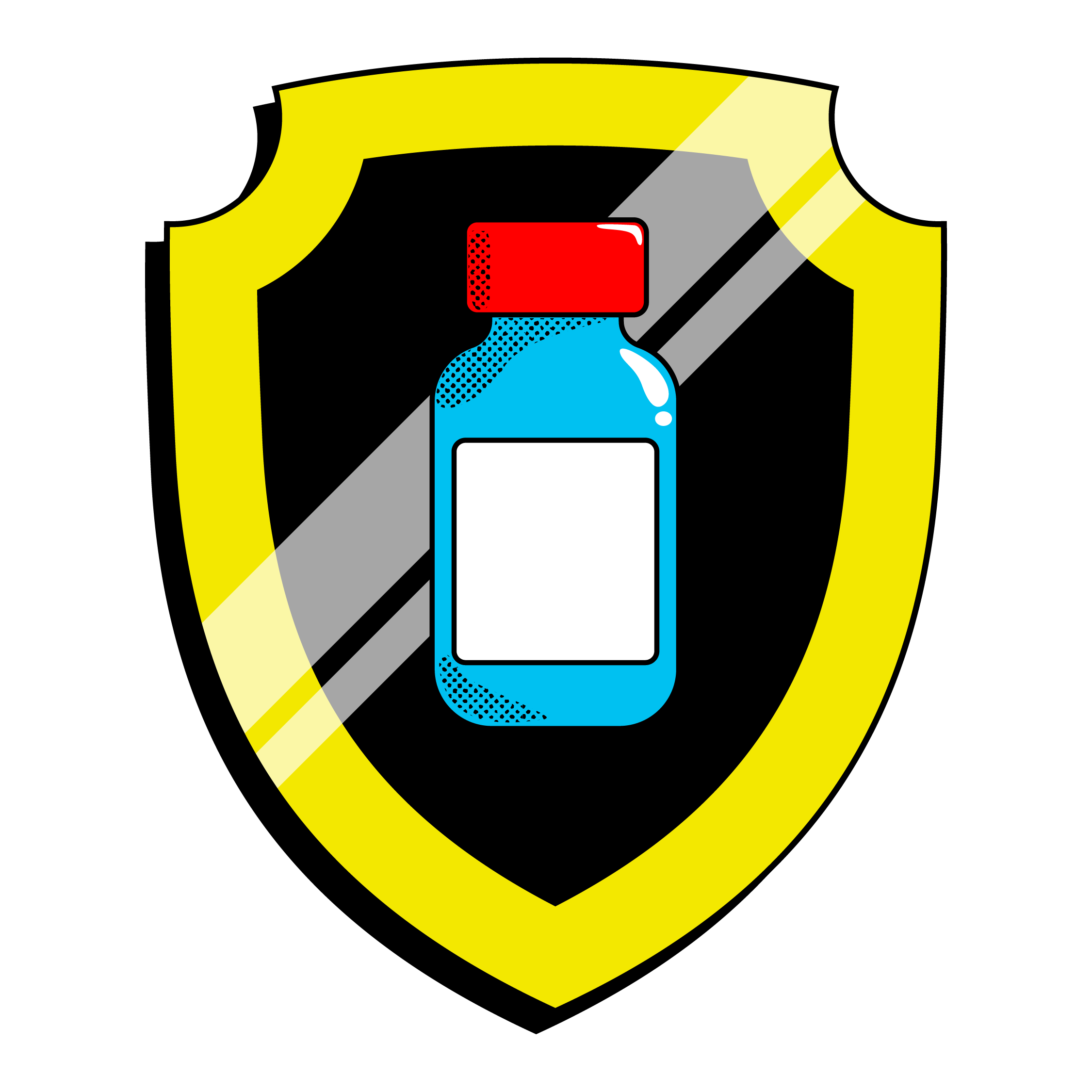 Illustration of blue vaccination vial in a yellow badge with black background.