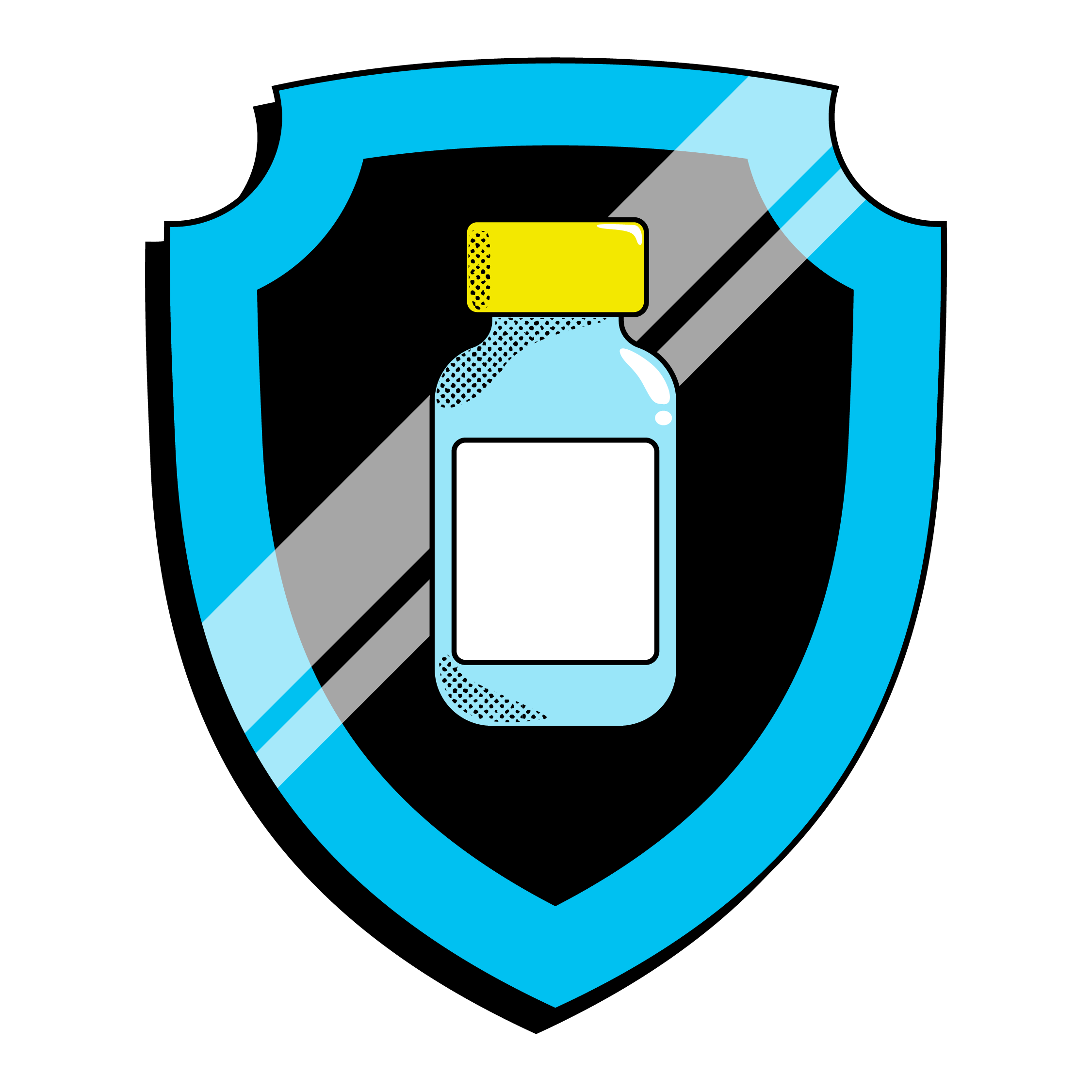 Illustration of blue vaccination vial in a blue badge with black background.